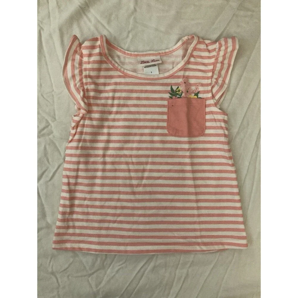 Size 5 Little Lass girl clothes - 1 piece T shirt | striped pink & flower theme